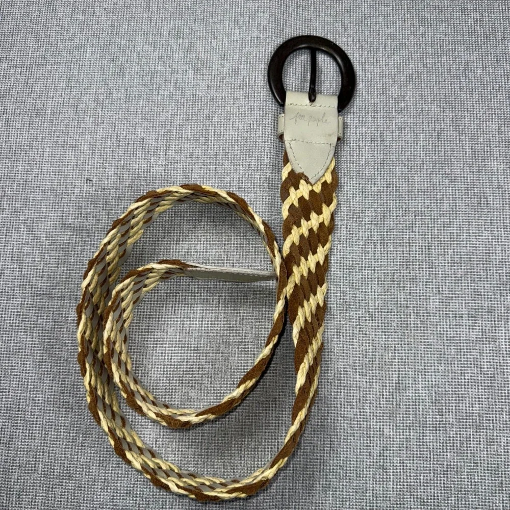 Free People Womens Braided Woven Belt Brown Cream Suede Leather Wood Buckle Boho